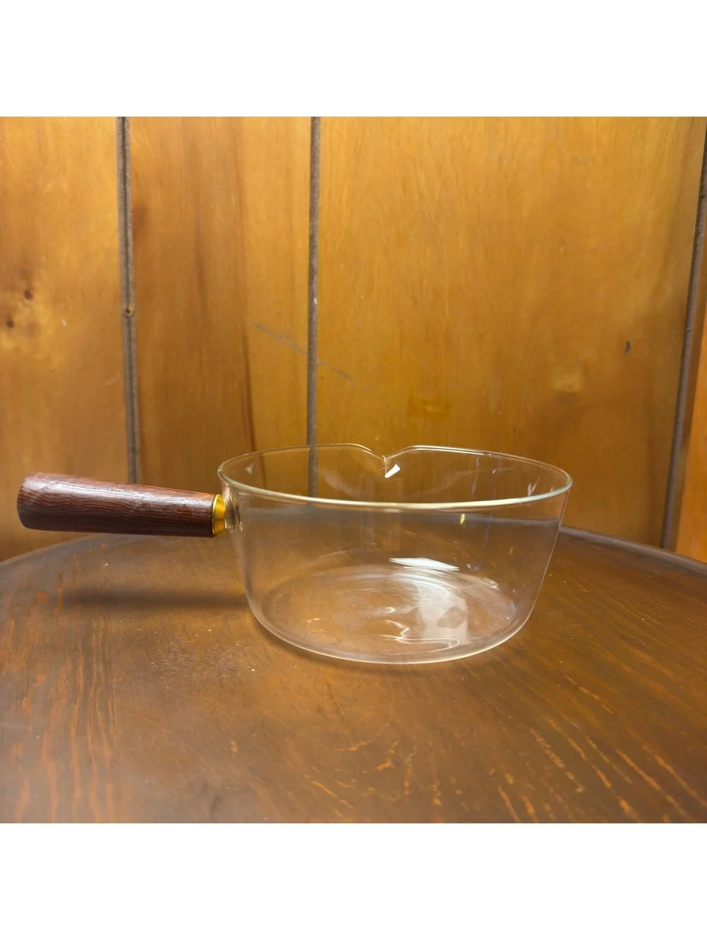 Clear Glass Saucepan With Wood Handle 6 Inch Pour Spout Vintage Style